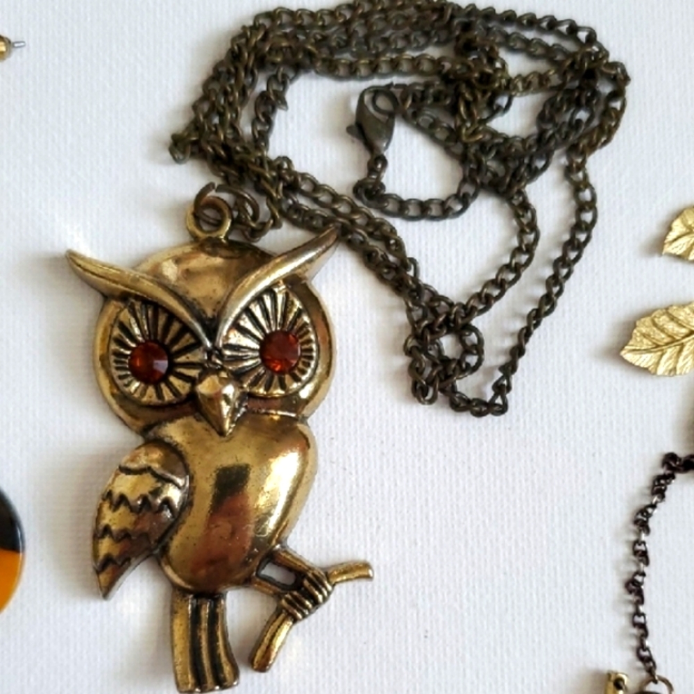 Ecclectic Y2K Jewelry Gold Geometric Necklace Owl Pendant Earrings Handmade